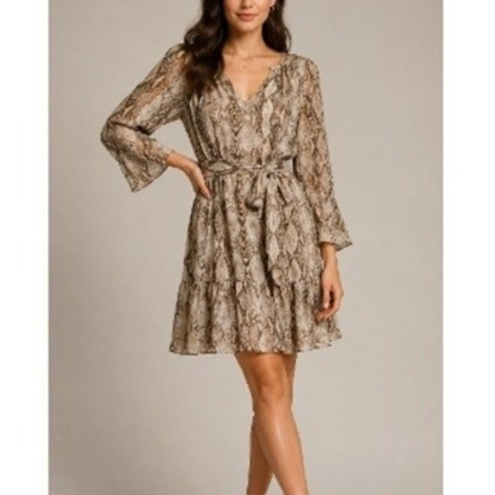 White House Black Market Women's Brown Tan Snakeskin Print Belted Dress Size M
